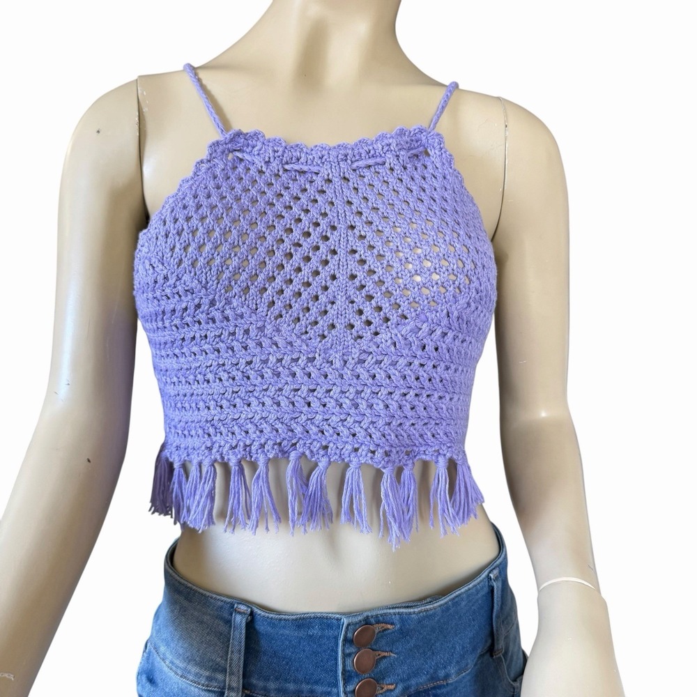 THE SANG Crochet Fringe Crop Top Large Festival Hippie Boho Beachy Purple NWT